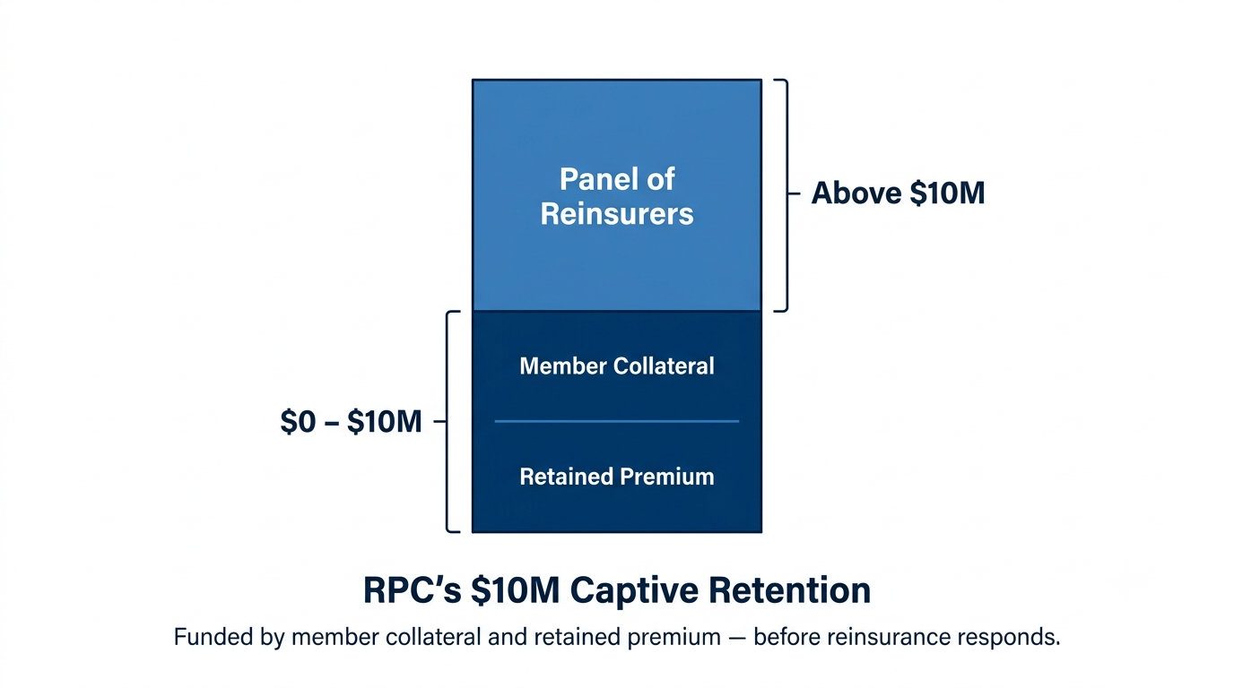 RPC's $10M captive retention funded by member collateral and retained premium, with the panel of reinsurers responding above $10M