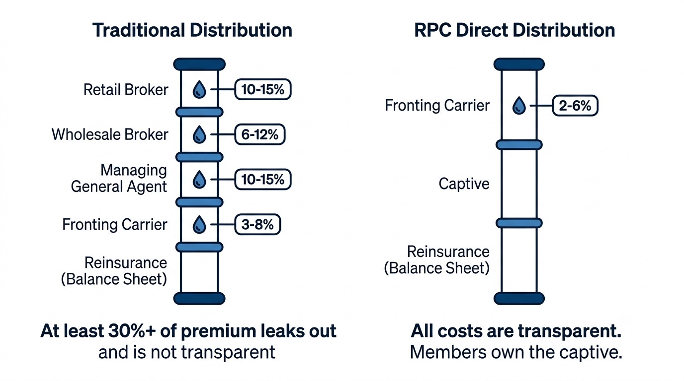 Traditional insurance distribution loses 30%+ of premium to intermediaries, compared to RPC's direct distribution where all costs are transparent