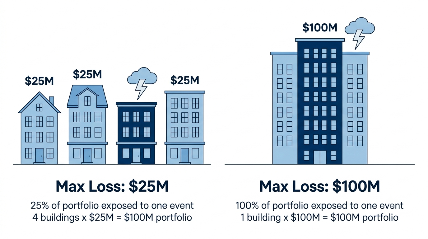 Diversified portfolio of four $25M buildings versus one concentrated $100M building, both with $100M max loss