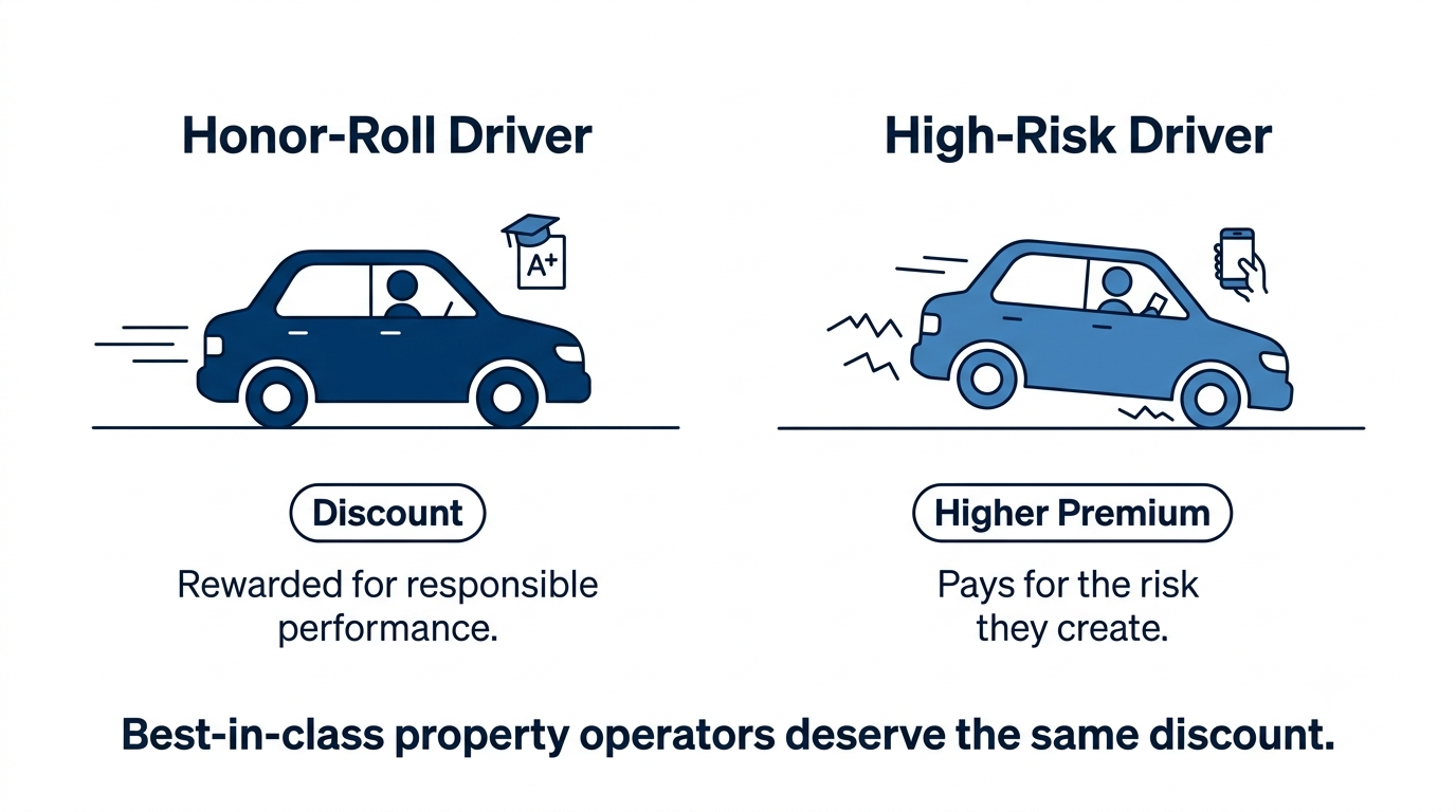 Honor-roll driver rewarded with a discount versus high-risk driver paying a higher premium, illustrating that best-in-class property operators deserve the same discount