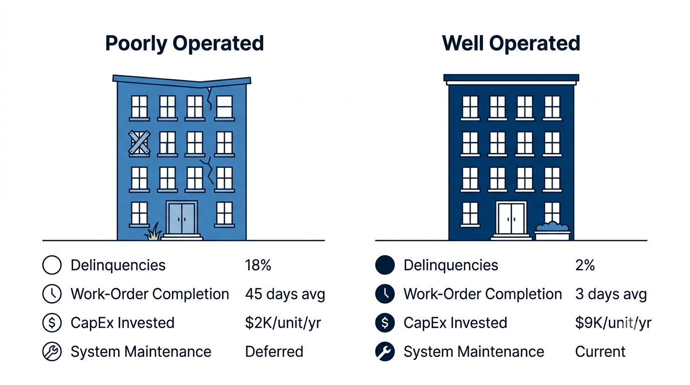 Poorly operated building with 18% delinquencies and deferred maintenance versus well operated building with 2% delinquencies and current maintenance