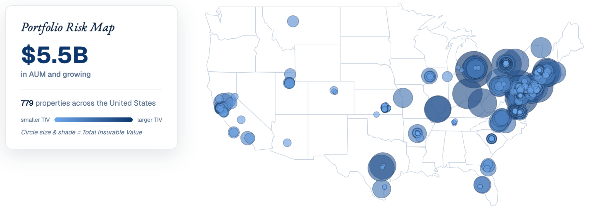 RPC portfolio risk map showing $5.5B in AUM across 779 properties in the United States