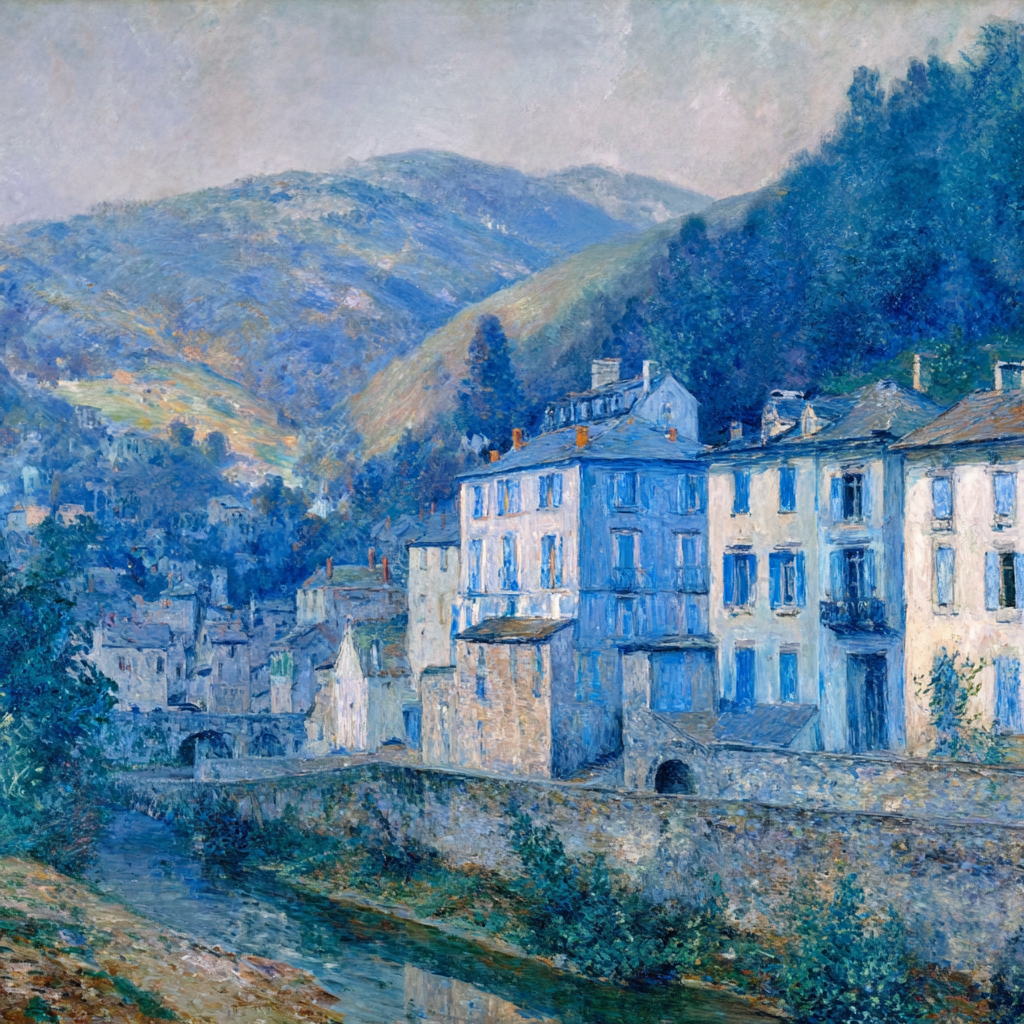 Monet-style painting of houses in a beautiful landscape